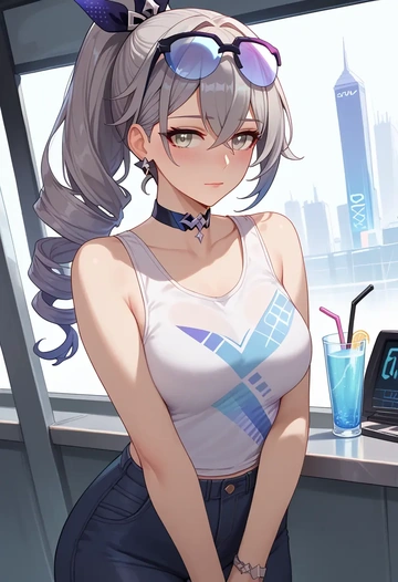 star rail,silver wolf,tank top,mesh,cycling shorts  - AI generated anime art